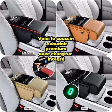 Coussin d’accoudoir Similicuir avec support verre double + 2 port USB + LED ambiance