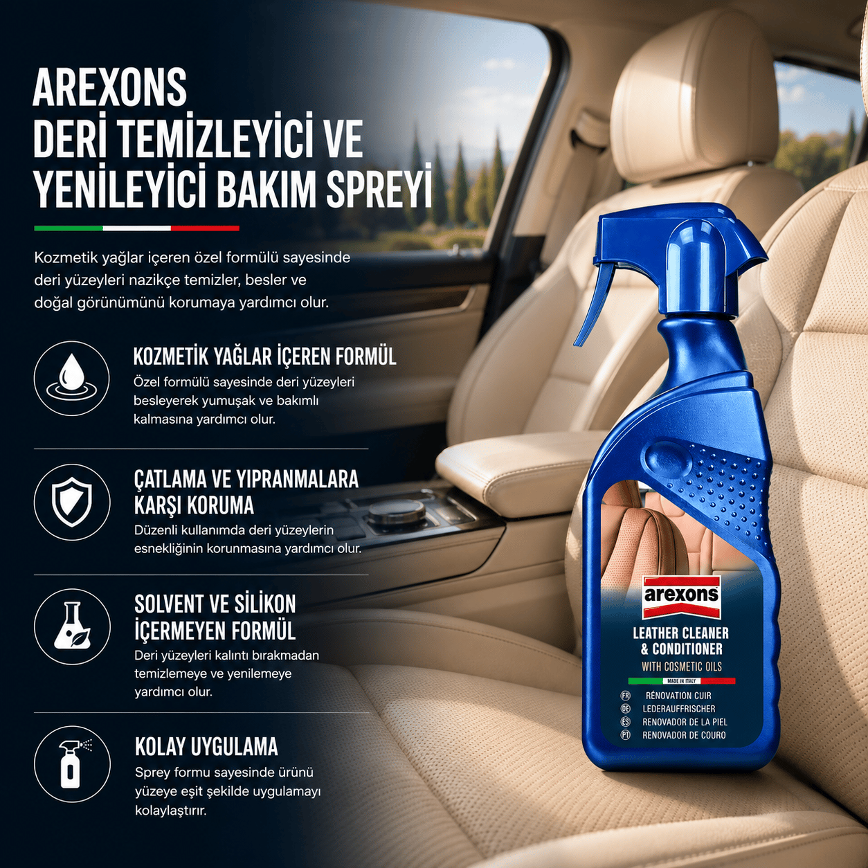 Visuel Arexons Leather Cleaner & Conditioner devant des sièges en cuir beige, avec les propriétés du soin en turc – miniature